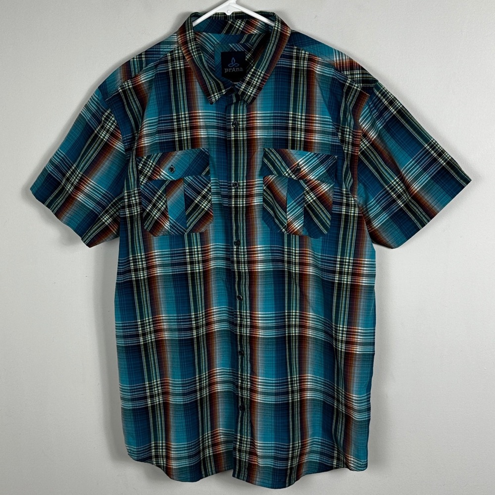 PrAna‎ Ostend Mens Short Sleeve Button Down Shirt Blue Brown Plaid Mens Size XXL